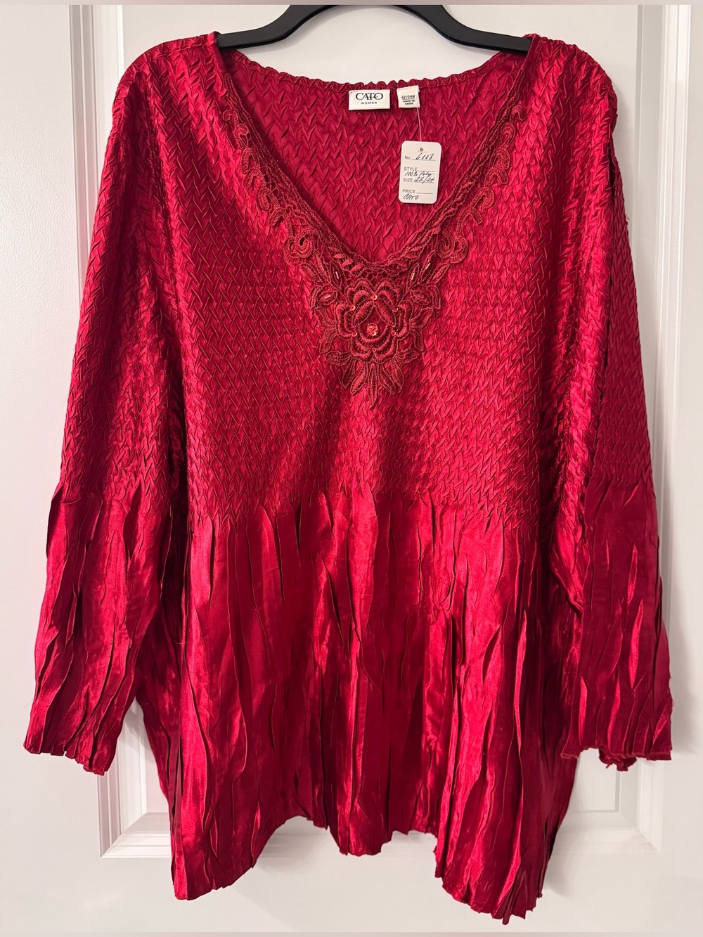 #6008 Cato Red Textured Crinkle Smocked Satin Embroidered Blouse Crystal Accents